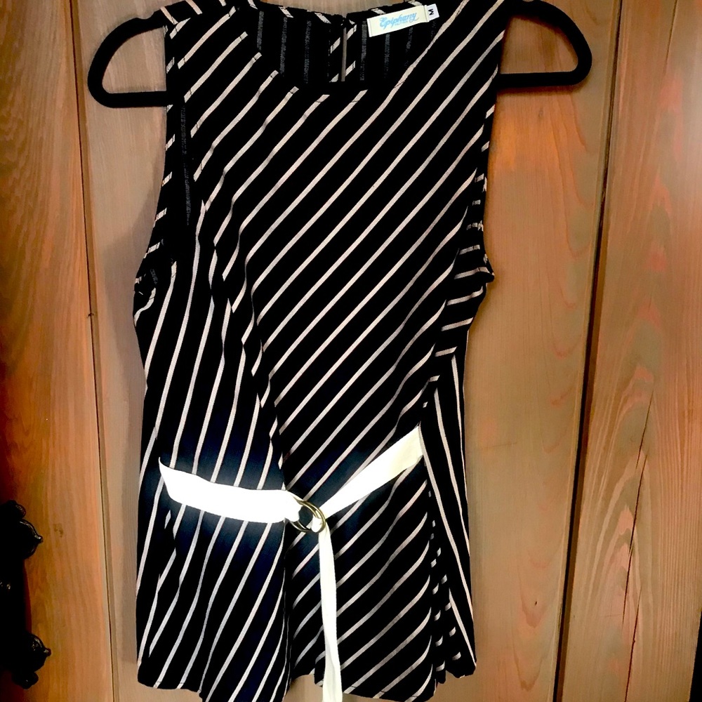 Navy blue and cream striped sleeveless blouse